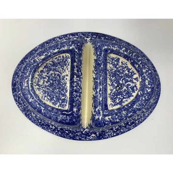 MOLLY DALLAS ROUND DIVIDED VEGETABLE BOWL ~ Pig Cow Blue Spatterware Farmhouse - Picture 9 of 10